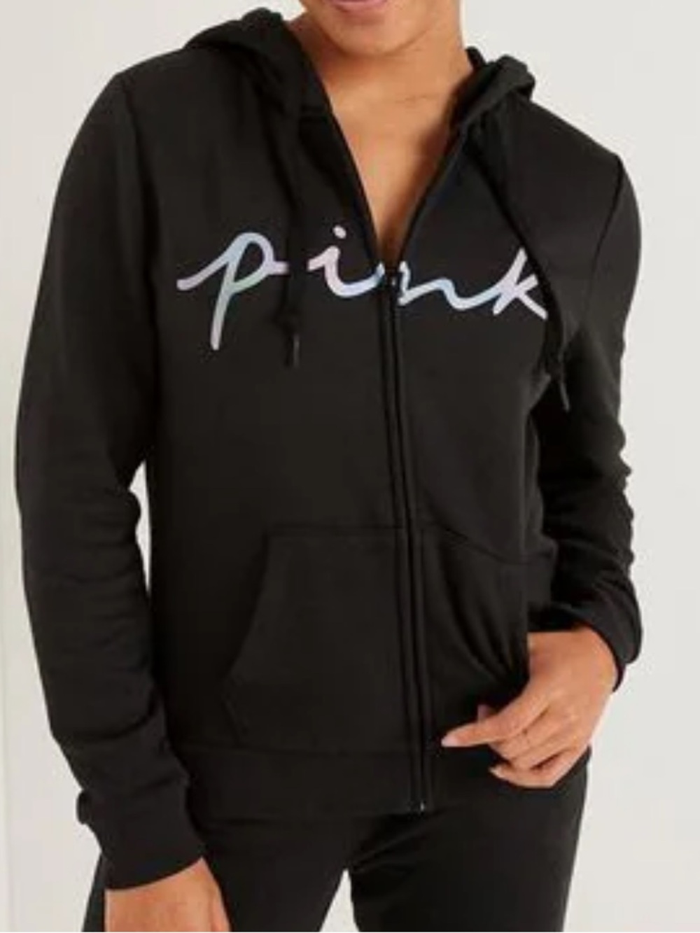 PINK Victoria's Secret Black Graphic FullZip Hoodie NWT Cozy Sweater Sweatshirt